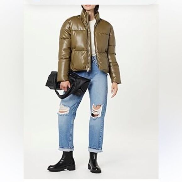 The Drop Women's Priscilla Vegan Leather Puffer, Jacket CAPERS OLIVE, NEW - Picture 1 of 9